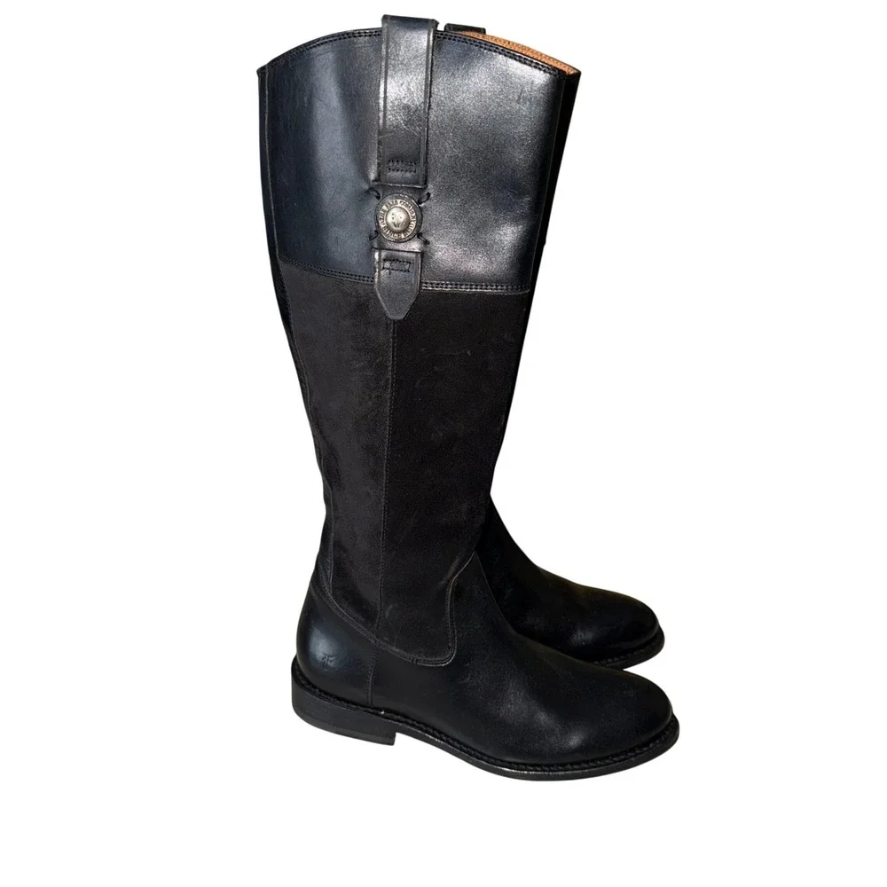 FRYE Jayden Button‎ Tall Riding Boots Black Leather Suede Buckle Accent sz 5.5B